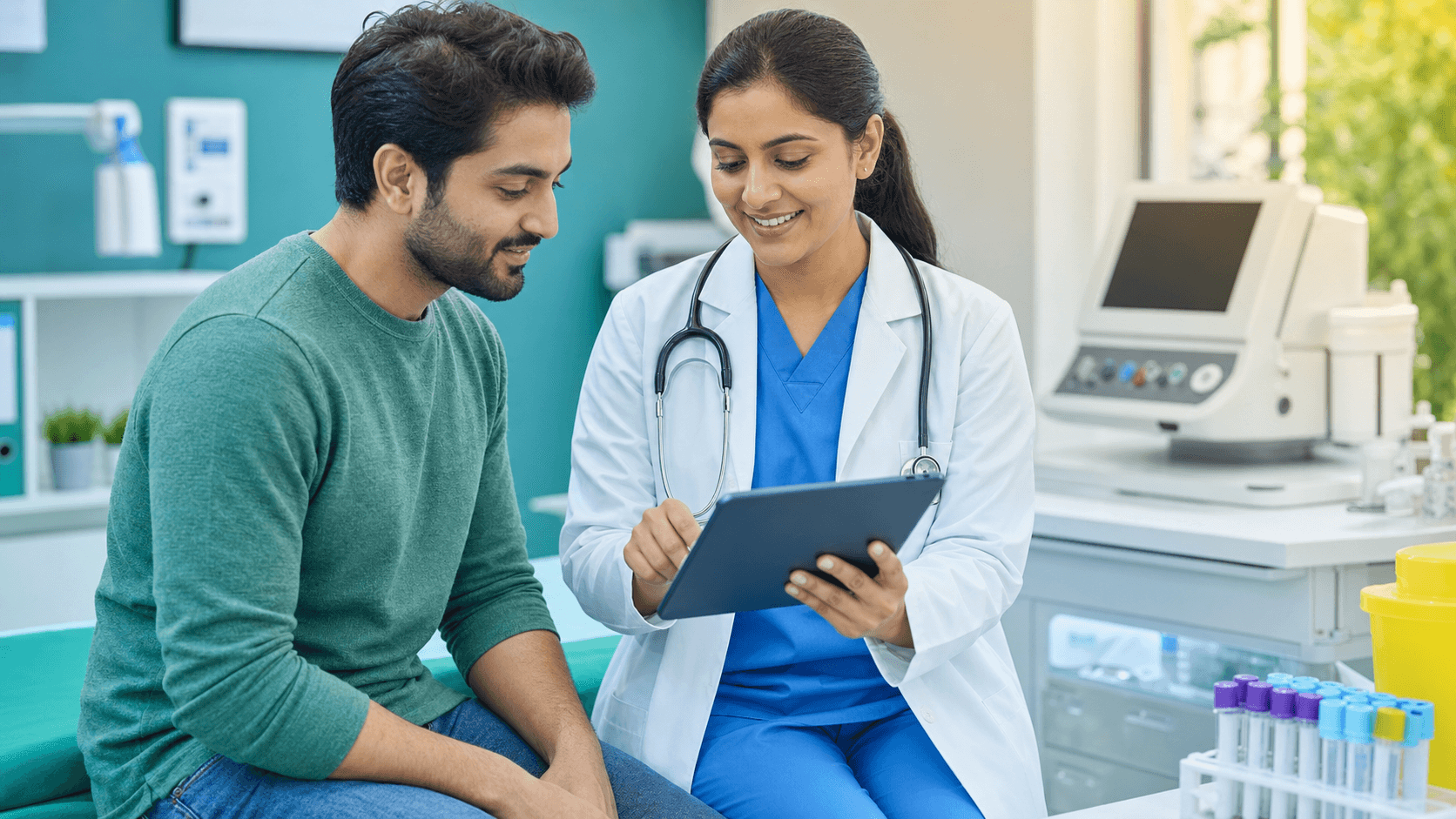 Doctor reviewing a health check report with a patient