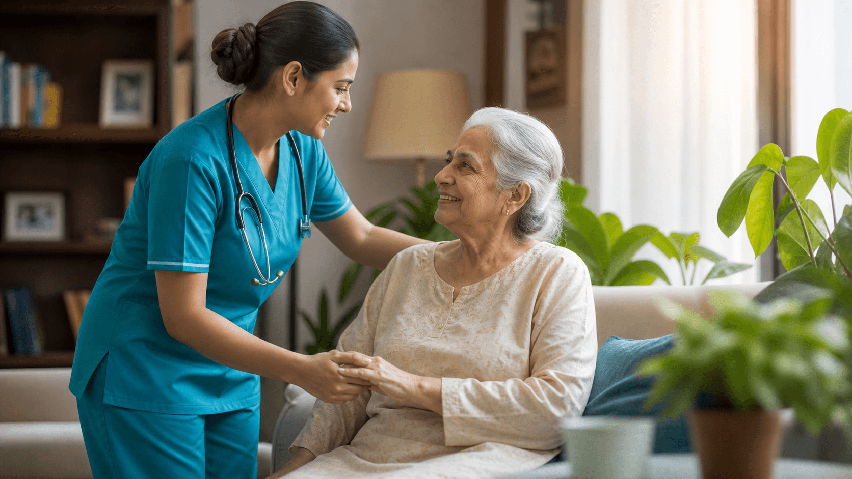 Homecare nurse assisting an elderly patient